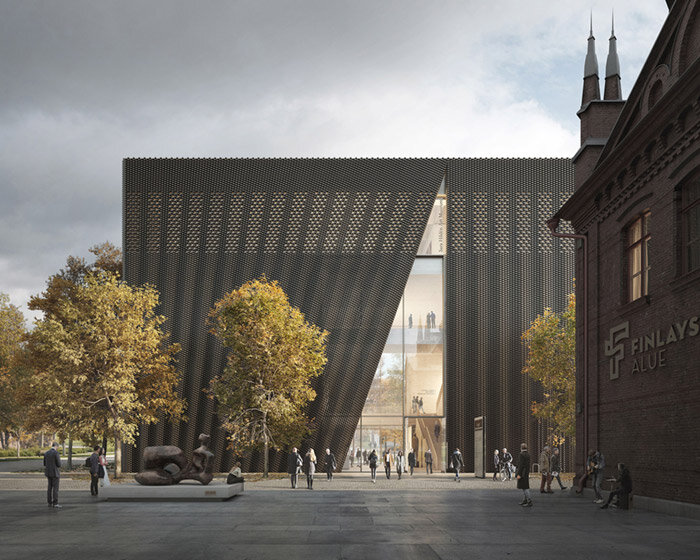 luca poian forms' sara hildén art museum is cloaked in an intricate urban-scale curtain