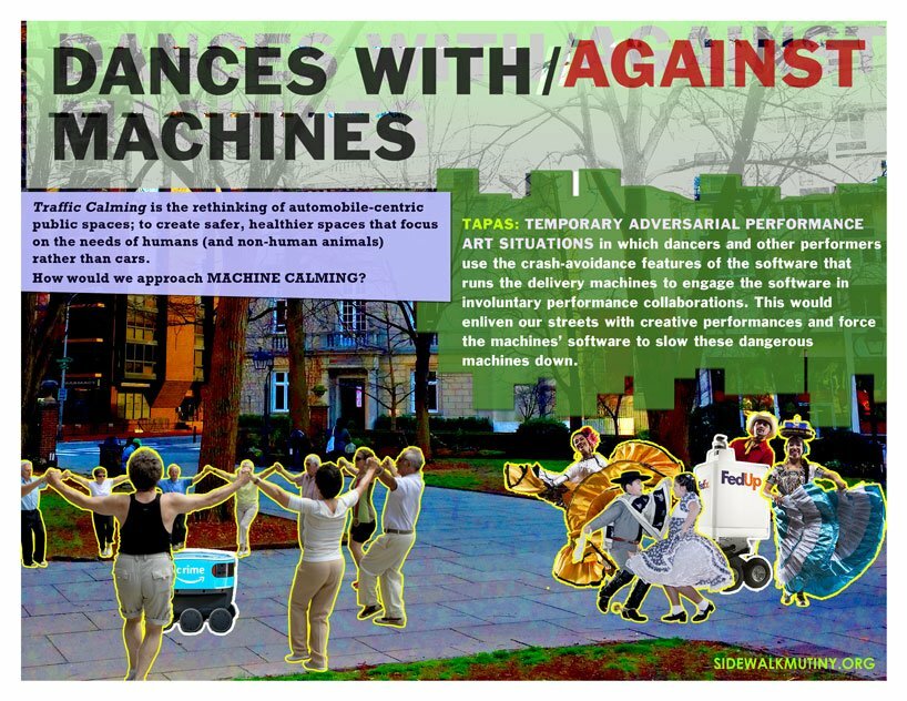 people collaborating to create public situations to interrupt autonomous machines, a proposal from the booklet 'mutiny on the sidewalk'