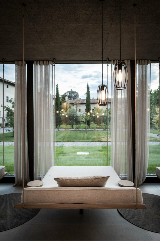 beds suspended like swings in the wellness area encourage meditation