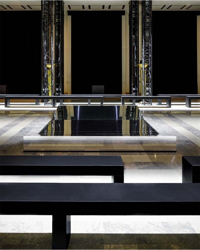 models walk across mirror islands at the LGN x JOEONE double fashion show