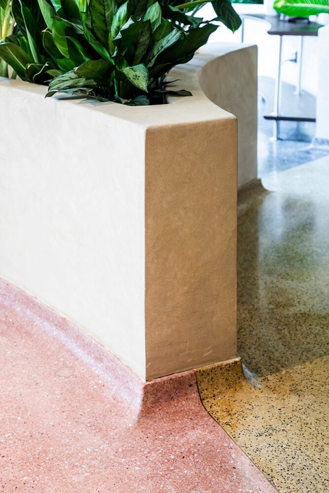 detail of the pink and yellow terrazzo