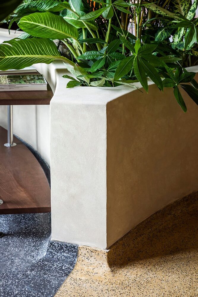 detail of the grey and yellow terrazzo