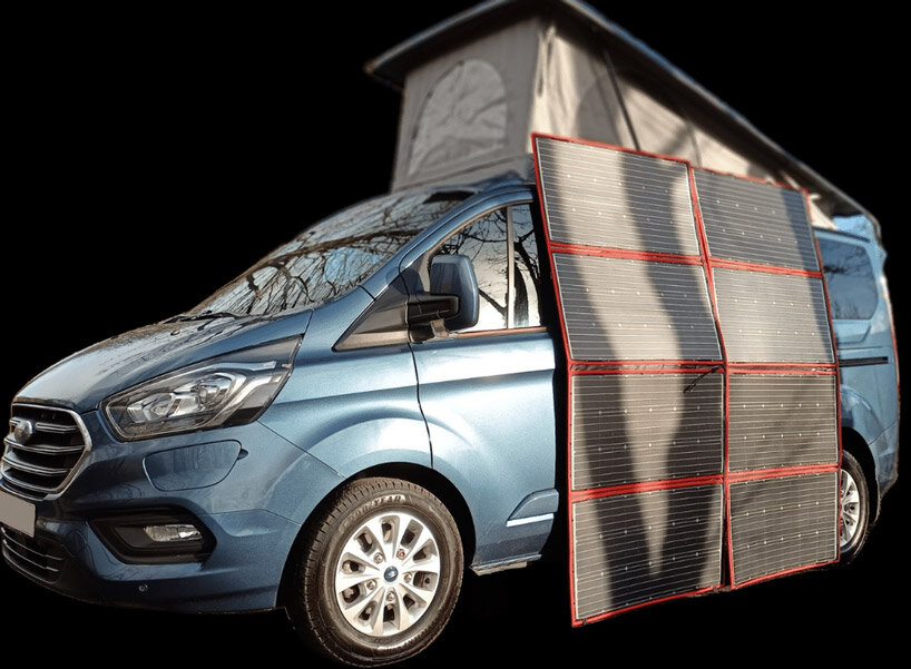 solar panels charge the new and spacious ford camper, making it fully electric