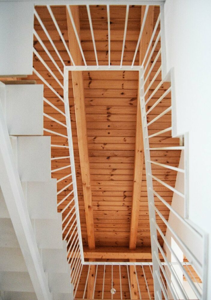 looking up the metal stairs