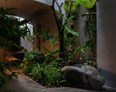 rear studio completes daylit vietnamese house with primitive design accents