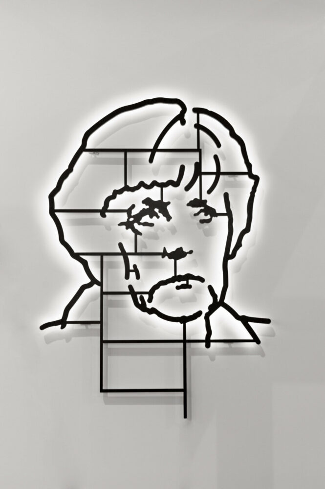 los carpinteros, it ́s not che, it ́s angela merkel, 2014, powder-coated aluminum, leds, 170 x 120 x 8 cm, © los carpinteros, courtesy los carpinteros and galerie peter kilchmann, zurich, photo: jason wyche, new york