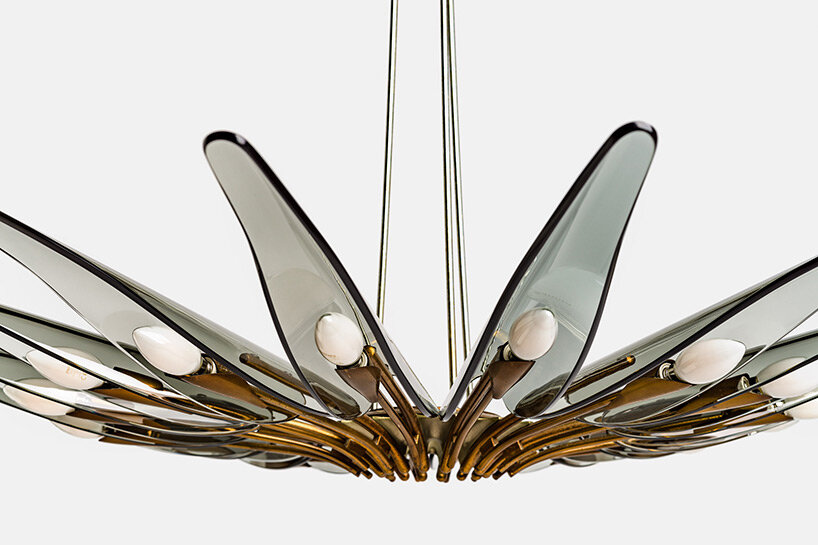 Max Ingrand, “Dahlia” Chandelier model 1563A, c. 1955, polished and nickel-plated brass, curved glass, 51x129 cm, Marco Arosio Collection.