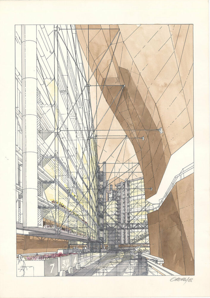 proposal for the 'underground naples international laboratory', 1988, perspective view of the flower factory. balerna, archivio del moderno, fondo marco zanuso.