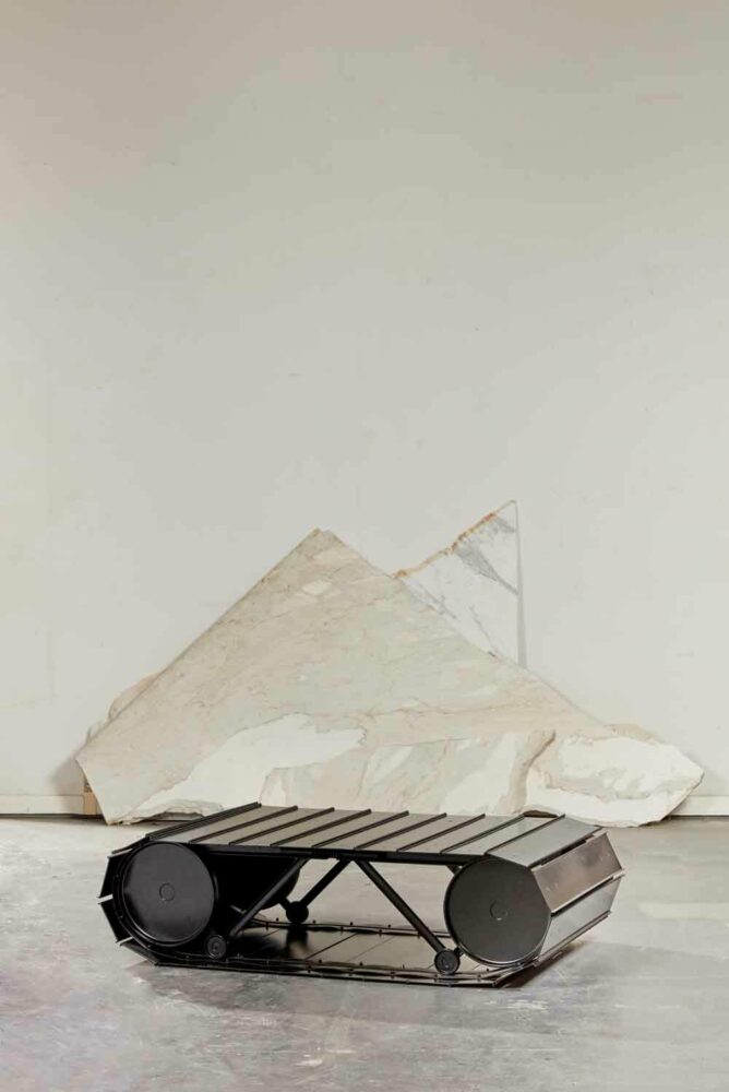 paolo pallucco & mireille rivier coffee table tankette, ca. 1987, black lacquered steel, rubber