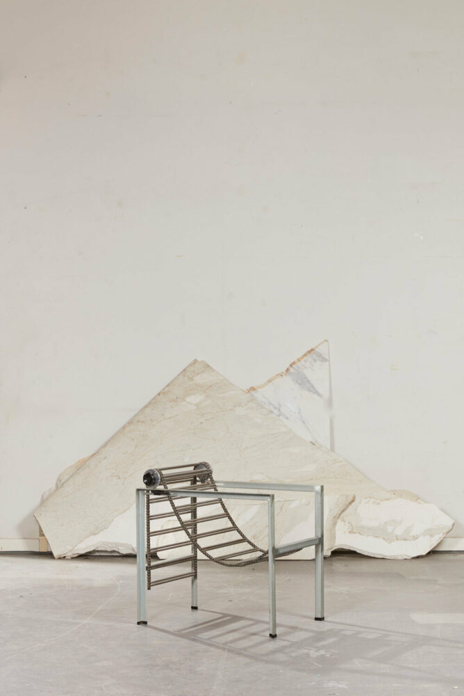 paolo pallucco & mireille rivier, barba d’argento armchair, ca. 1986, nickel-plated steel, steel chains, plastic