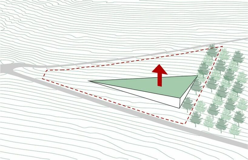 by lifting up the corner we are taking advantage of the sloping site and creating a building that naturally blends into the surrounding landscape