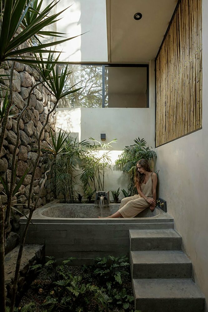 master bathroom with outdoor bathtub, made of chukum