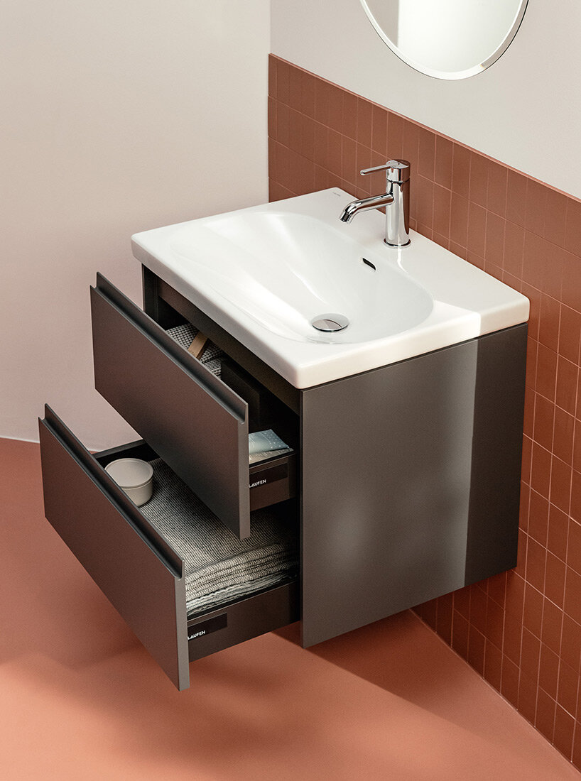 the 'Slim' washbasin from LUA is pre-assembled with the slim vanity unit.