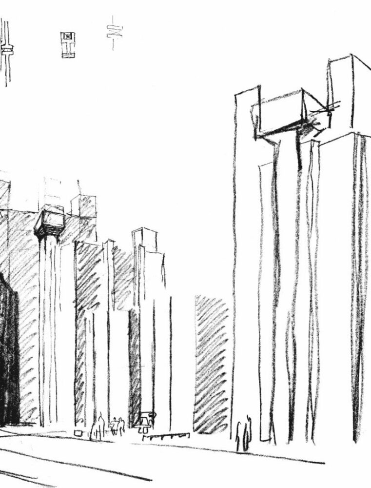 1957 A. N. Richards Medical Research Building, University of Pennsylvania, Philadelphia, early study / crayon on tracing paper