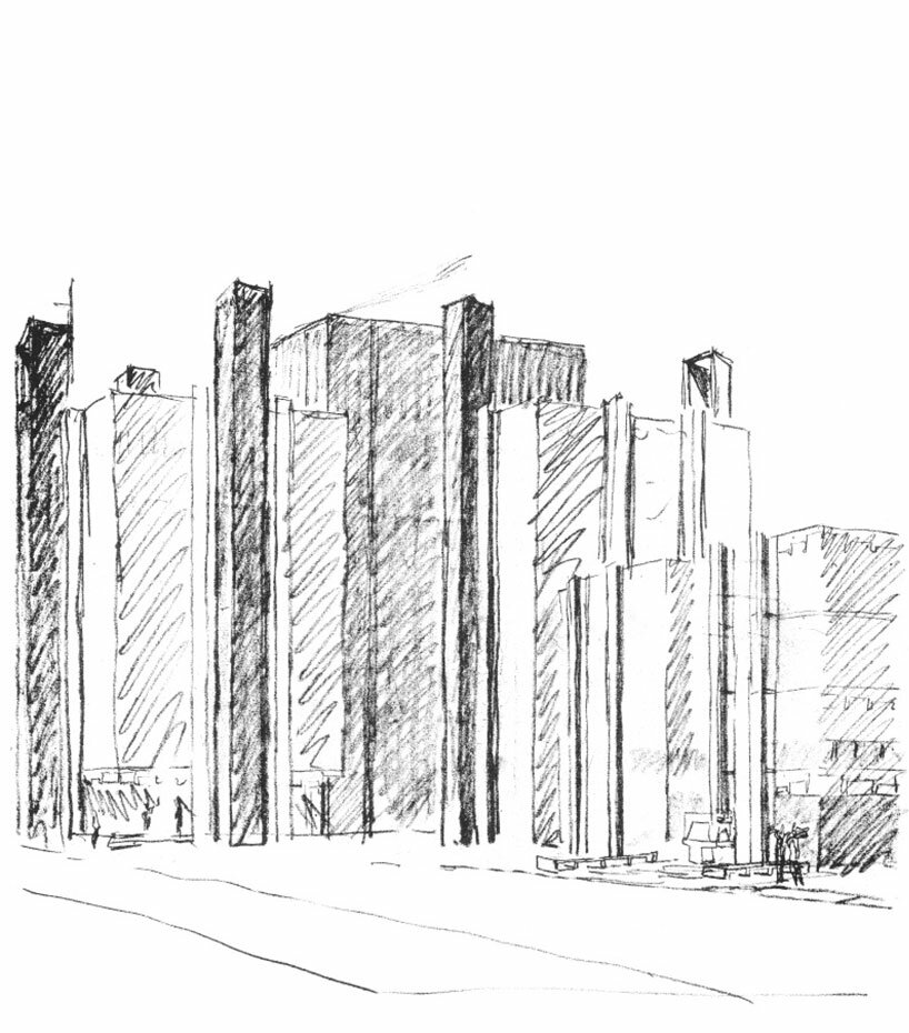 1957 A. N. Richards Medical Research Building, University of Pennsylvania, Philadelphia, early study / crayon on tracing paper