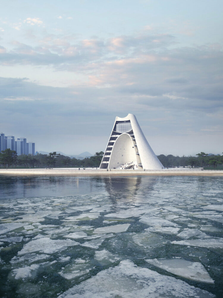 A rendering of the Sun Tower during the winter as it faces the sea, image © OPEN