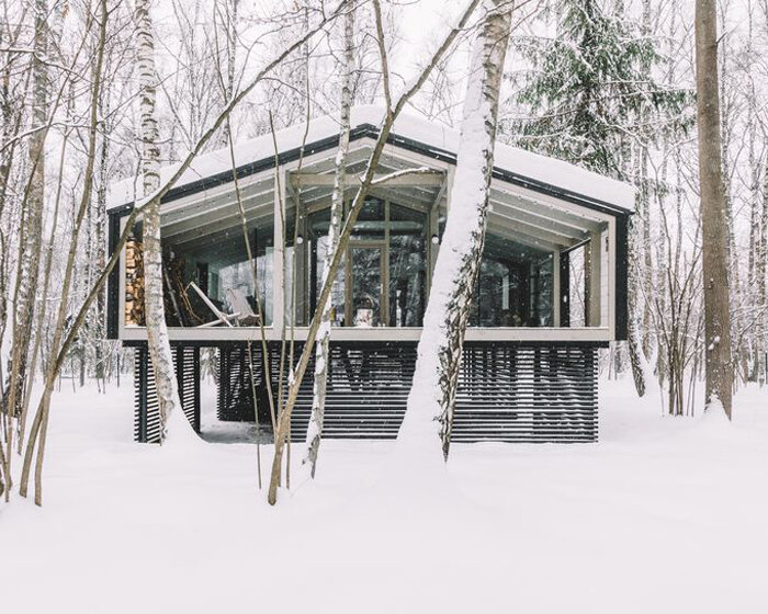 this elevated cabin house by BIO-architects features a see-through basement