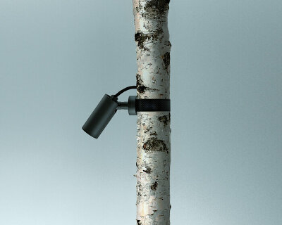 CCTV-shaped tube lights by 'quick lighting' can be strapped to trees