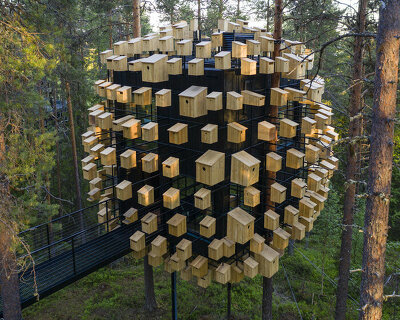 bjarke ingels group's 'biosphere' treehouse hotel floats among 350 birdhouses