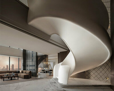 CCD finishes bottega veneta luxury apartment with sculptural curved staircase in beijing
