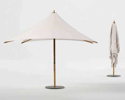 konstantin grcic designed wooden parasol ‘paladin’ with a mini skylight for kettal