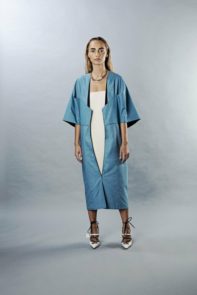 the most friendly (for use and the environment) kimono-style trench, the Ven (friend) kimono is made from one fabric block