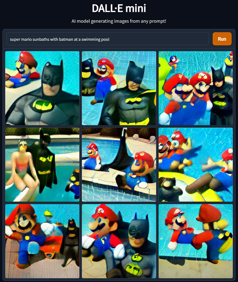 Super Mario sunbaths with Batman at a swimming pool