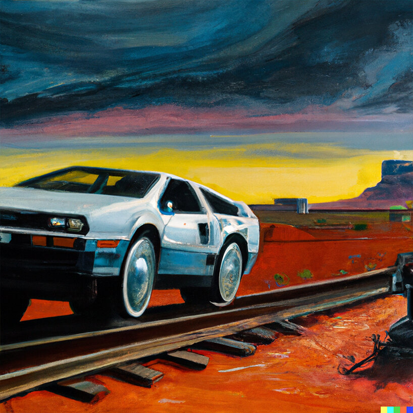 (Back to the Future) 'an oil painting of a Delorean dmc12 car in front of a train, monument valley in the background'