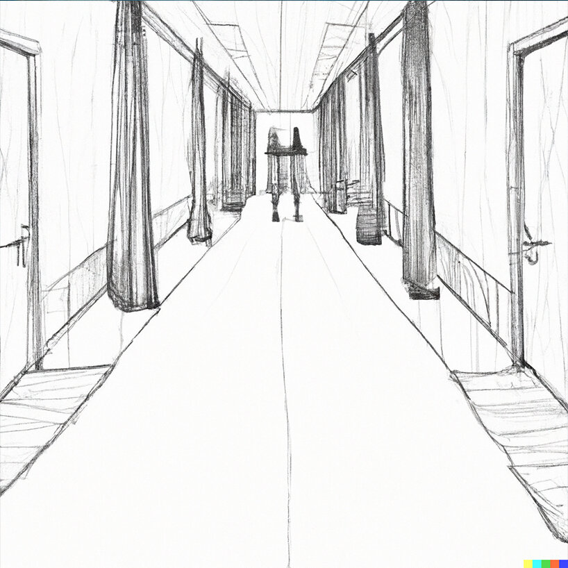 (The Shining) 'a b/w central perspective sketch of a corridor with doors on the sides of the walls, a carpet and two twins girl in the background'