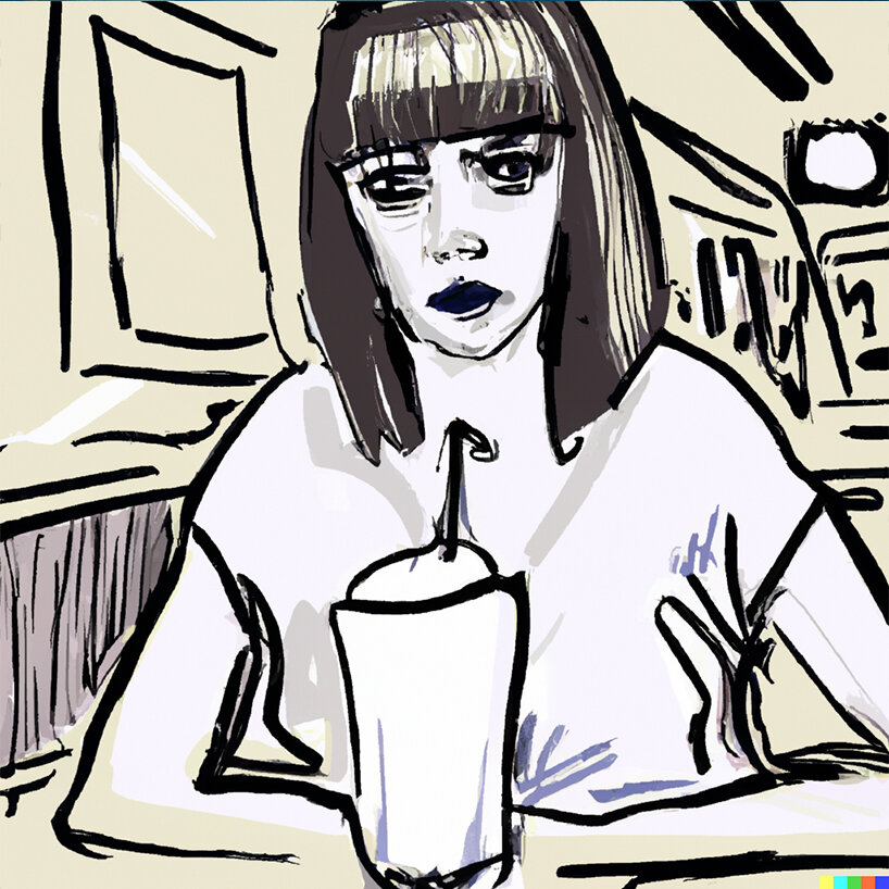 (Pulp Fiction) 'a sketch of a woman with large blue eyes and black bob with fringe seated at a table and drinking a milkshake with a straw, American bar background'