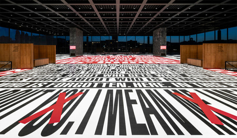 Barbara Kruger, Bitte lachen / Please cry, installation view, Neue Nationalgalerie, Berlin, April 29–August 28, 2022, courtesy the artist and Sprüth Magers / Mies van der Rohe, VG Bild-Kunst, Bonn 2022. Photo: Timo Ohler