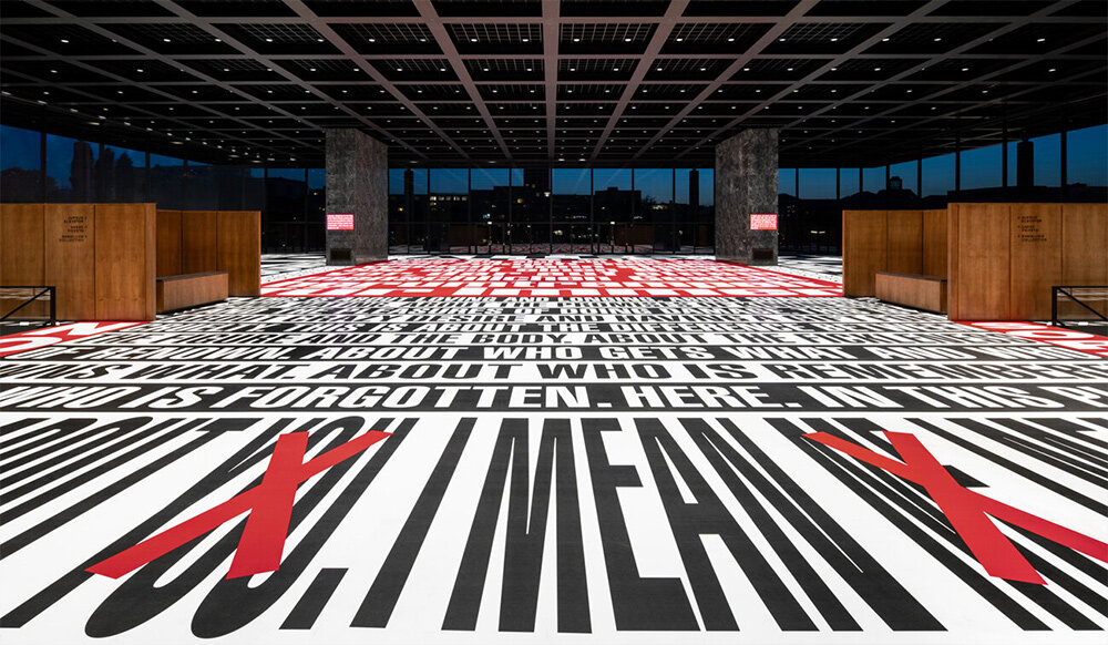 Barbara Kruger, Bitte lachen / Please cry, installation view, Neue Nationalgalerie, Berlin, April 29–August 28, 2022, courtesy the artist and Sprüth Magers / Mies van der Rohe, VG Bild-Kunst, Bonn 2022. Photo: Timo Ohler