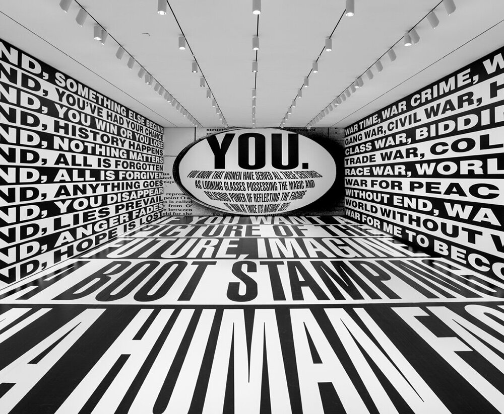 installation view, Barbara Kruger: Thinking of You. I Mean Me. I Mean You., Los Angeles County Museum of Art, March 20, 2022–July 17, 2022, photo © Museum Associates/LACMA