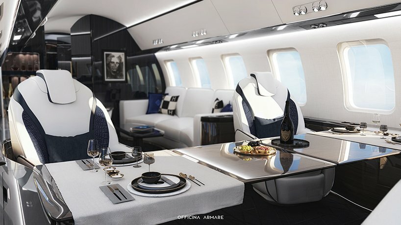 officina armare designs private jet interior with art deco references + luxury amenities