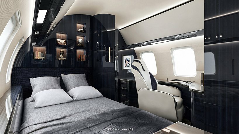 officina armare designs private jet interior with art deco references + luxury amenities