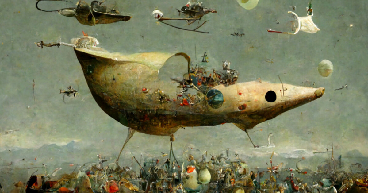 AI designs place spaceships into paintings of bosch and caravaggio