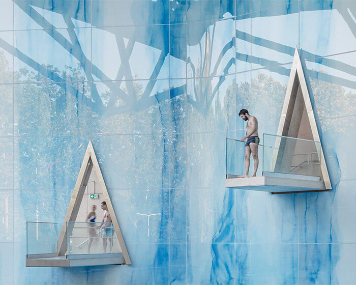 geometric pools & plant-covered walls define BORD's aquaticum water park in hungary