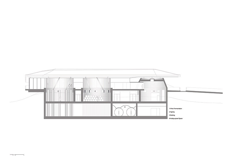 section through the winery featuring the three characteristic cylinders 
