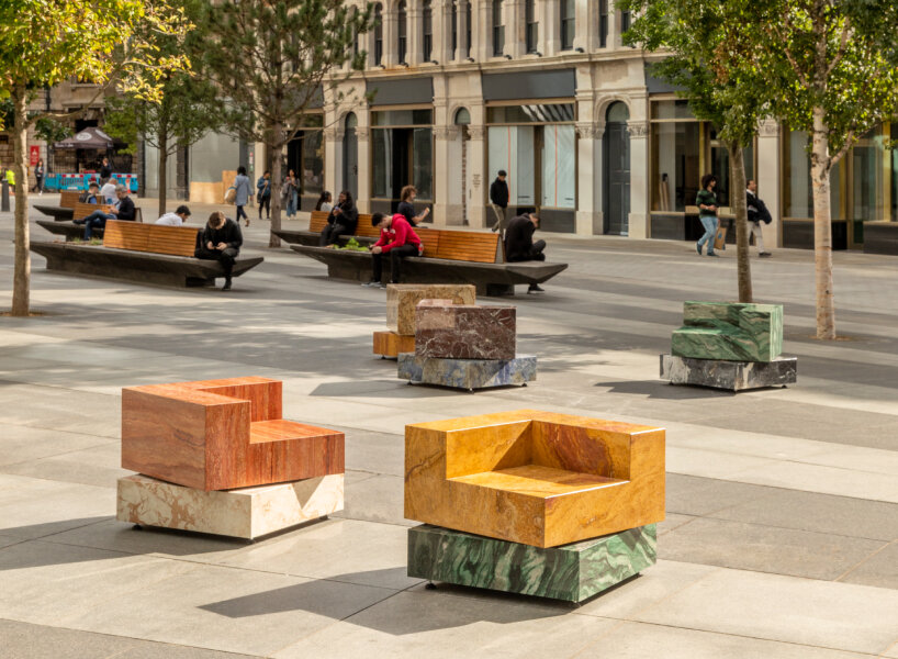 sabine marcelis designs rotating chairs ‘swivel’ from travertines, quartzites, & marbles