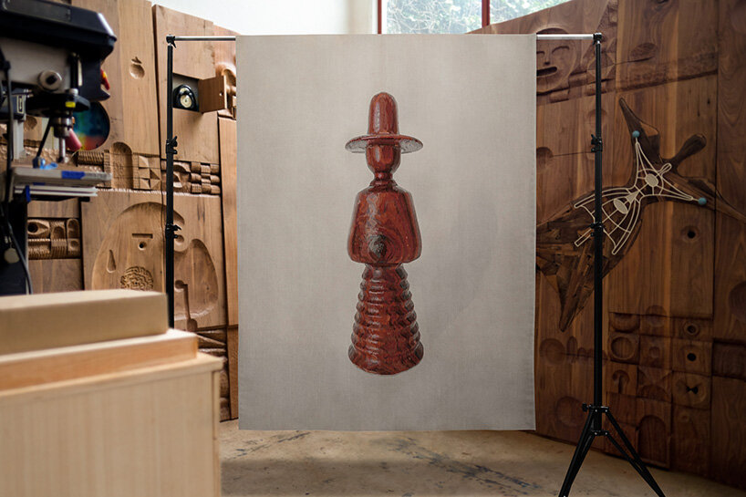 odabashian weaves edgar orlaineta's biomorphic sculptures into gobelin-style tapestries