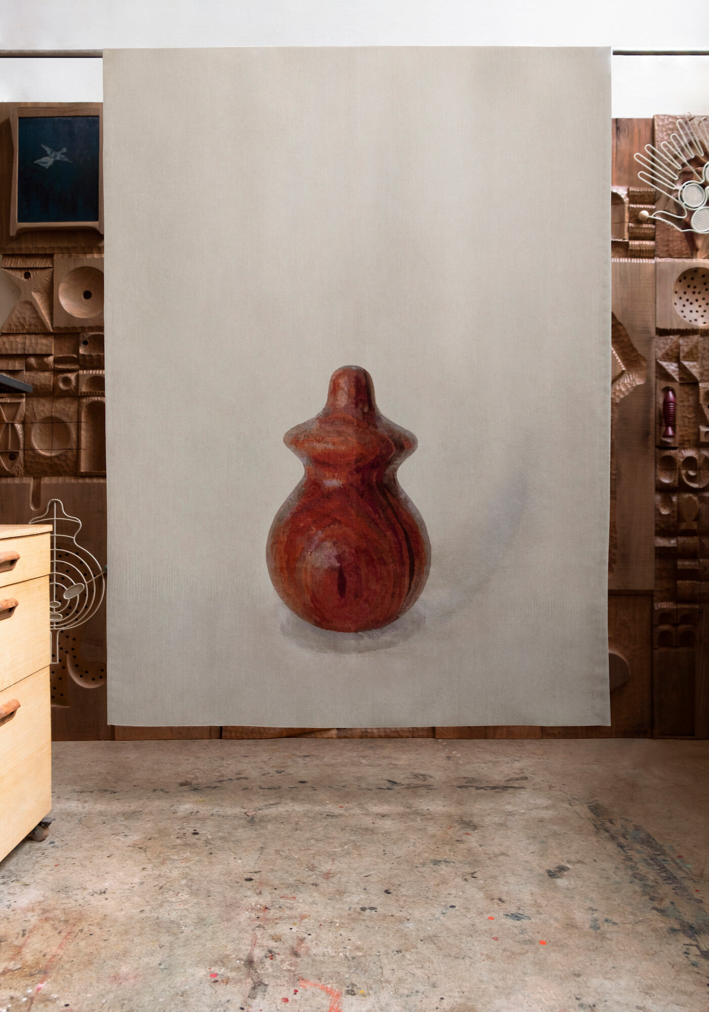 odabashian weaves edgar orlaineta's biomorphic sculptures into gobelin-style tapestries