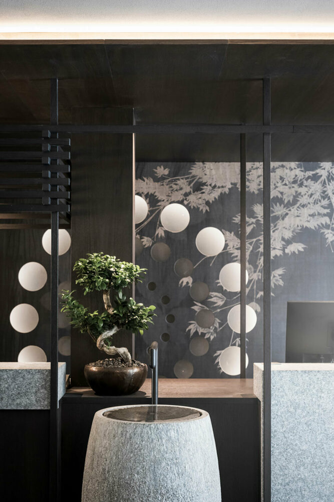 pine bonsai trees add to the delicate atmosphere of the hotel