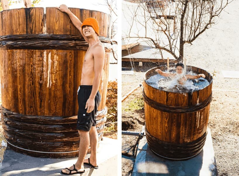 enjoy the hot steam in a 100-year-old soy sauce barrel sauna in japanese glamping resort