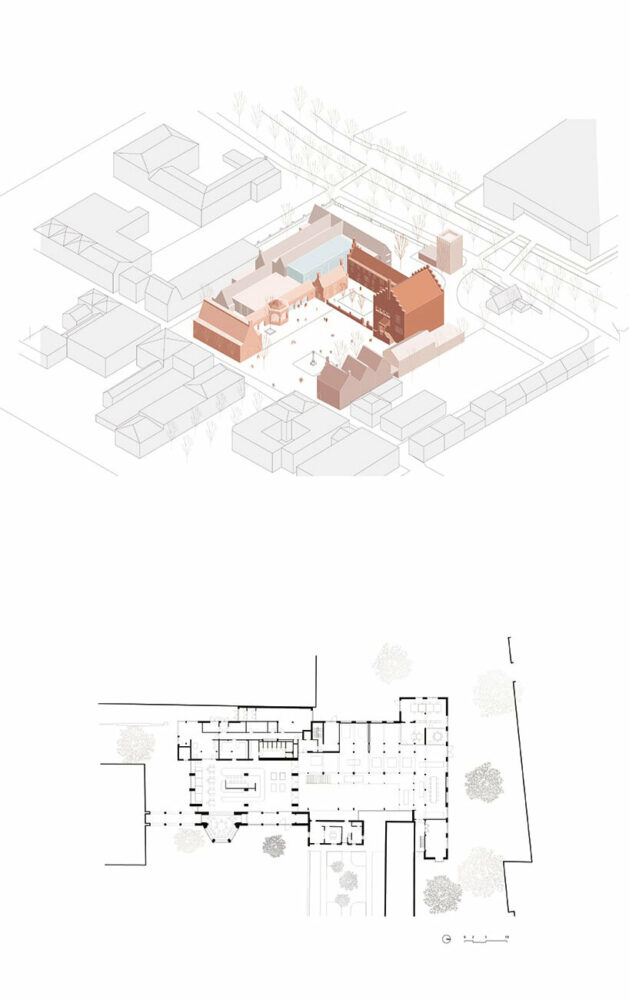axonometric drawing + plan drawing of Schoenenkwartier Shoe Museum