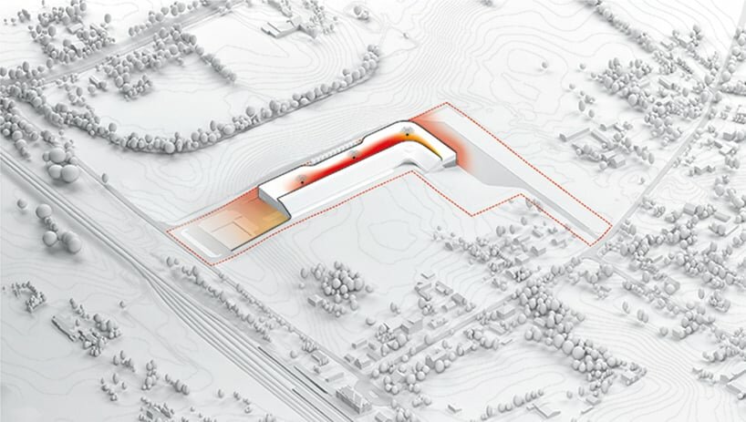 the building volume's form works as a sound barrier