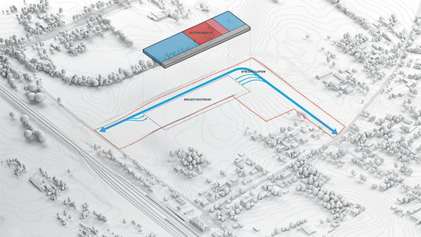 vehicle circulation forms around the back of the site