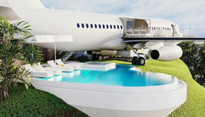 abandoned boeing turns into a luxury villa with hanging terraces over bali’s coast