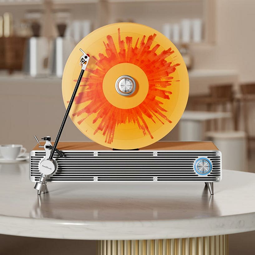 sleek vertical turntable brings bold colors & vintage mood to any room