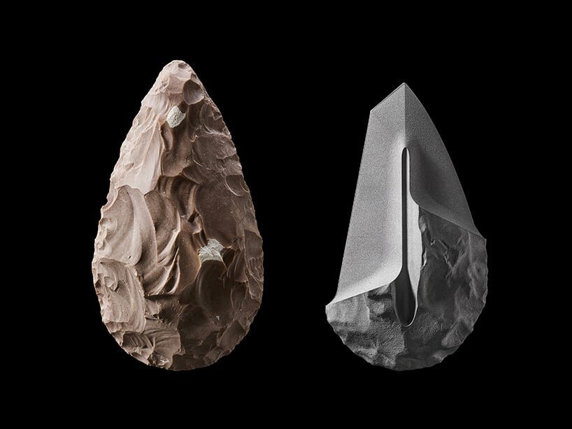 flint nodule reduced to hand-axe, then 3D scanned, altered, and printed in stainless steel