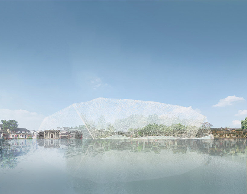 kazuyo sejima's design center appears like glass dome-enclosed island floating in chinese river